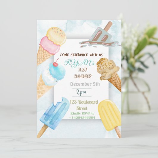 おいしいアイスクリームをテーマにした誕生日パーティーの招待状 招待状 (スタンド正面)