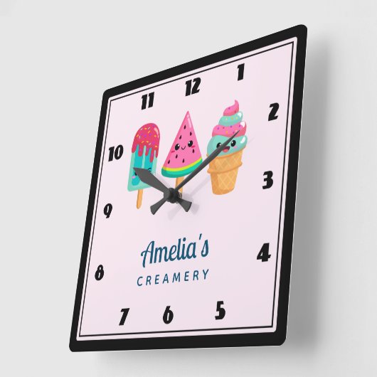おいしいアイスクリームトリオサマービーブビジネスキッチン スクエア壁時計 (傾斜)