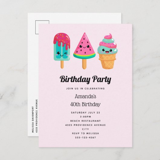 おいしいアイスクリームトリオサマーヴィベ誕生日 インビテーションポストカード (正面/裏面)