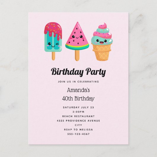 おいしいアイスクリームトリオサマーヴィベ誕生日 インビテーションポストカード (正面)