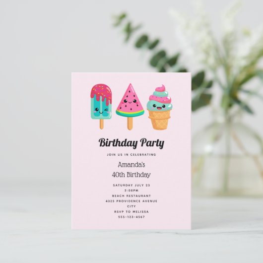 おいしいアイスクリームトリオサマーヴィベ誕生日 インビテーションポストカード (スタンド正面)