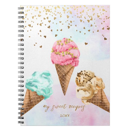 おいしいアイスクリーム金ゴールドグリッターガールレシピ ノートブック (正面)
