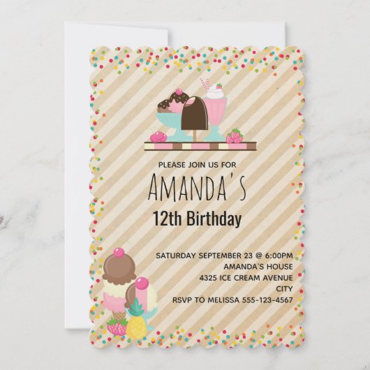 おいしいアイスクリーム&フロートスイートデザート誕生日 招待状 (正面)