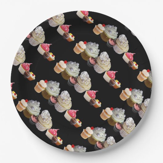 おいしいカップケーキのデザートショップ、ピンク、フクシア ホワイト ペーパープレート (正面)