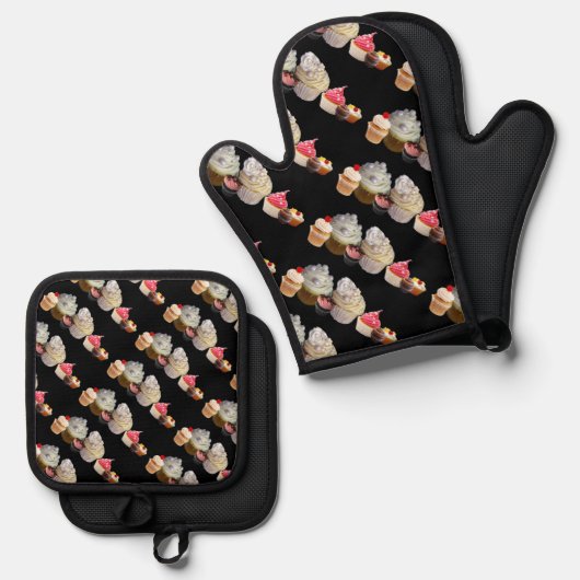 おいしいカップケーキデザートショップピンクブラック明るい赤紫色 鍋つかみ&鍋敷きセット (正面/裏面)