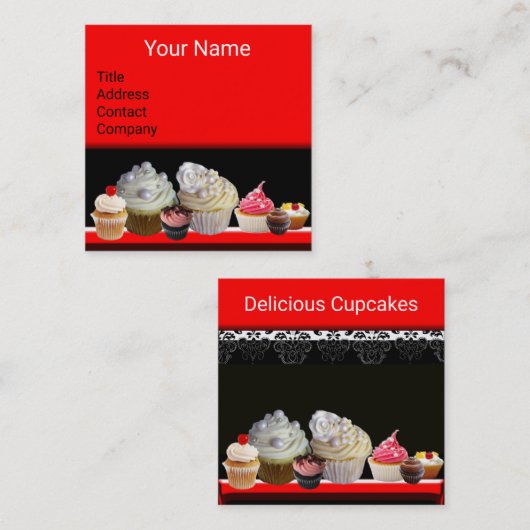 おいしいカップケーキデザートショップブラックレッドベーカリー スクエア名刺 (正面/裏面)