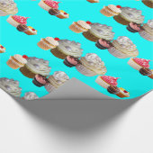 おいしいカップケーキデザートショップ、ティール（緑がかった色）ブルーホワイト ラッピングペーパー (角)