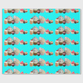 おいしいカップケーキデザートショップ、ティール（緑がかった色）ブルーホワイト ラッピングペーパー (フラット)