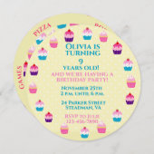 おいしいカップケーキラウンド子供の誕生日パーティー 招待状 (正面/裏面)