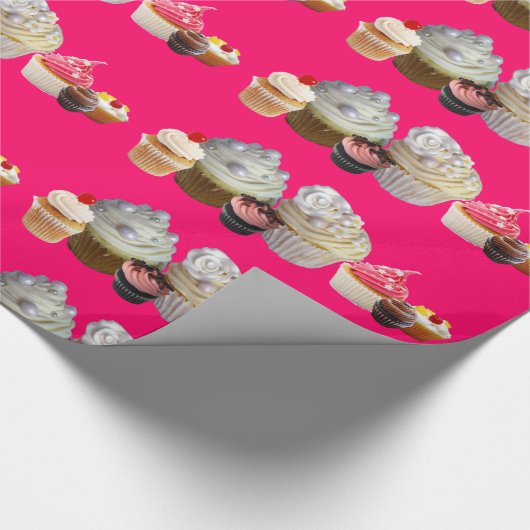 おいしいカップケーキ砂漠のショップ、ピンクの明るい赤紫色ホワイト ラッピングペーパー (角)