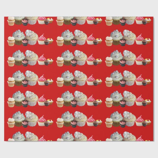 おいしいカップケーキ砂漠のショップ、ピンクの赤の白 ラッピングペーパー (フラット)