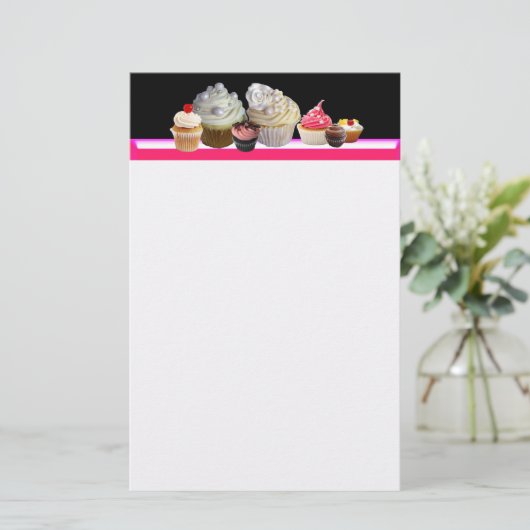 おいしいカップケーキ砂漠のショップ、ピンク、明るい赤紫色ホワイト 便箋 (スタンド正面)