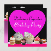 おいしいカップケーキ誕生日パーティーピンクハートブラック 招待状 (正面/裏面)
