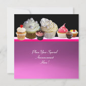 おいしいカップケーキ誕生日パーティーピンクハートブラック 招待状 (裏面)