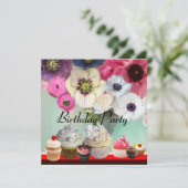 おいしいカップケーキ誕生日パーティー、赤ピンクの黒 招待状 (スタンド正面)