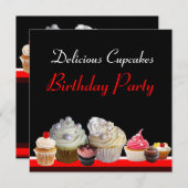 おいしいカップケーキ誕生日パーティー、赤ピンクの黒 招待状 (正面/裏面)