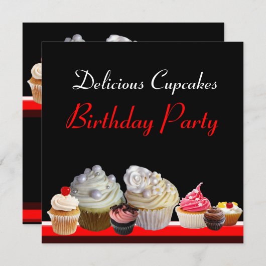おいしいカップケーキ誕生日パーティー、赤ピンクの黒 招待状 (正面/裏面)