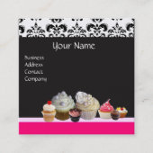 おいしいカップケーキ、デザート、ホットピンクブラックダマスク スクエア名刺 (正面)