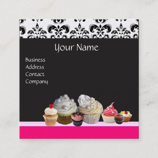おいしいカップケーキ、デザート、ホットピンクブラックダマスク スクエア名刺 (正面)