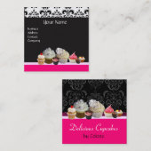 おいしいカップケーキ、デザート、ホットピンクブラックダマスク スクエア名刺 (正面/裏面)