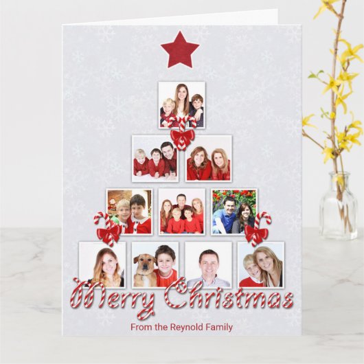 おいしいキャンディーケーンクリスマスツリー写真コラージュ カード (黄色い花)