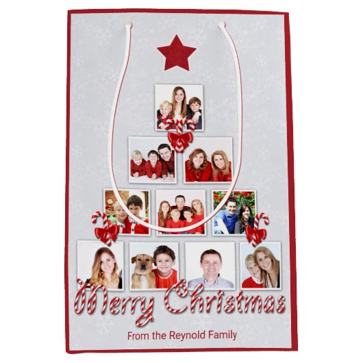 おいしいキャンディーケーンクリスマスツリー写真コラージュ ミディアムペーパーバッグ (正面)