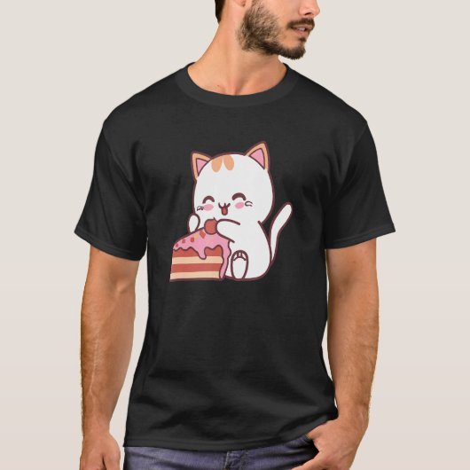 おいしいケーキ+キャンディを食べる猫 Tシャツ (正面)