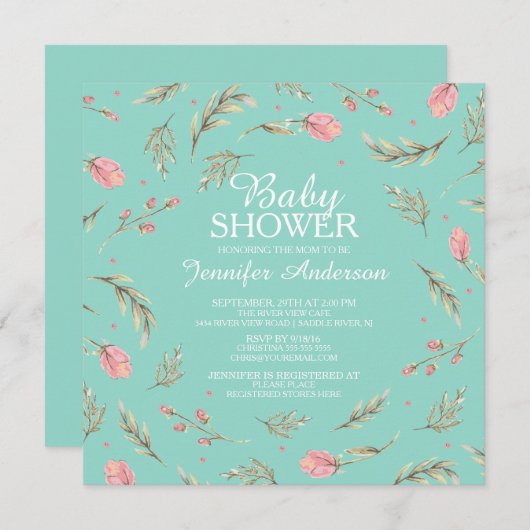 おいしいピンクのバラ女の子ベビーシャワー 招待状 (正面/裏面)