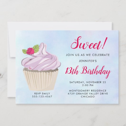 おいしいピンクカップケーキベリーオントップ誕生日 招待状 (正面)