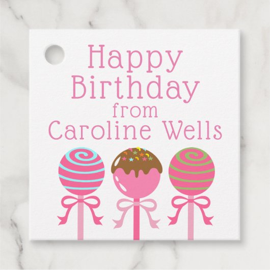 おいしいピンクケーキポップパーソナライズされたギフトメッセージカード フェイバータグ (正面)