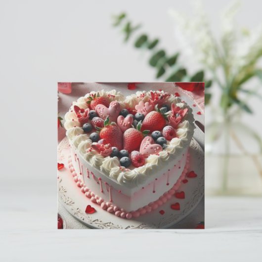おいしいフルーツの上にハート型ケーキバレンタイン シーズンカード