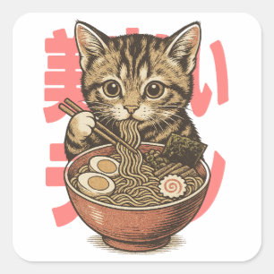 おいしいラーメン子猫ステッカー スクエアシール