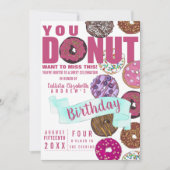 おいしい可愛いピンクティール（緑がかった色）ドーナツ水彩誕生日 招待状 (正面)