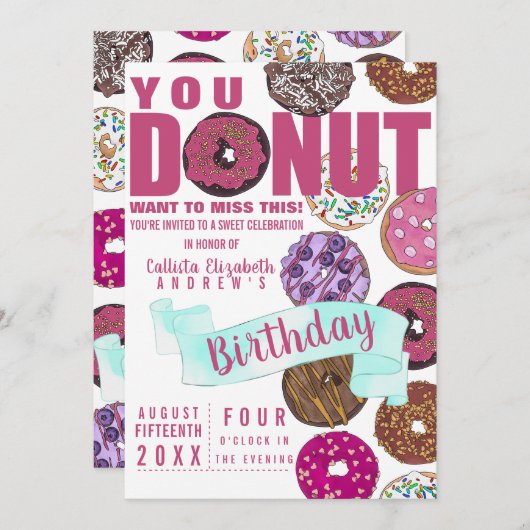 おいしい可愛いピンクティール（緑がかった色）ドーナツ水彩誕生日 招待状 (正面/裏面)