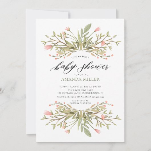 おいしい女の子ピンクフローラ&緑ベビーシャワー 招待状 (正面)