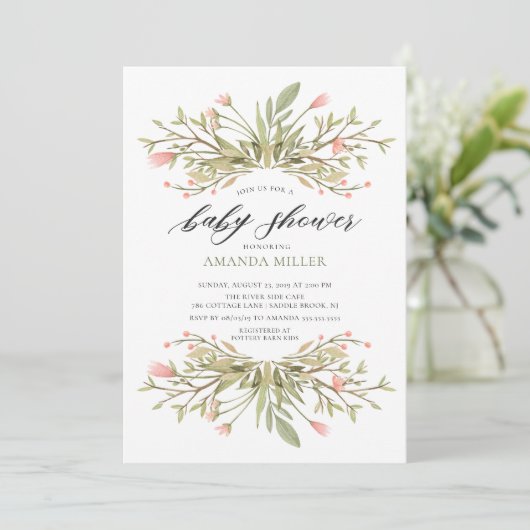 おいしい女の子ピンクフローラ&緑ベビーシャワー 招待状 (スタンド正面)