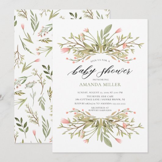 おいしい女の子ピンクフローラ&緑ベビーシャワー 招待状 (正面/裏面)