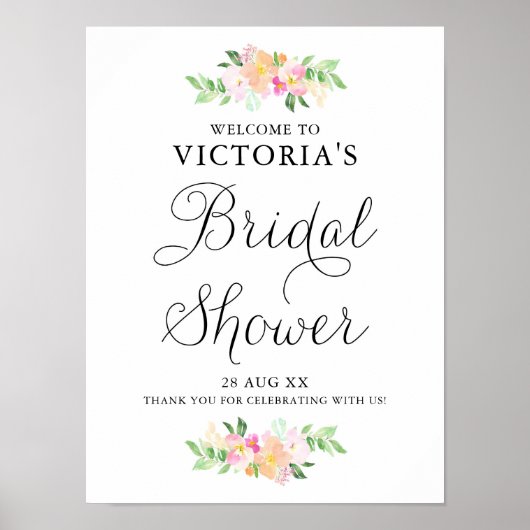 おいしい水の色の花模様ブライダルシャワーへようこそ ポスター (正面)