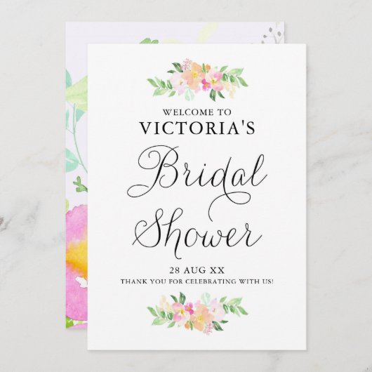 おいしい水の色の花模様ブライダルシャワーへようこそ 招待状 (正面/裏面)