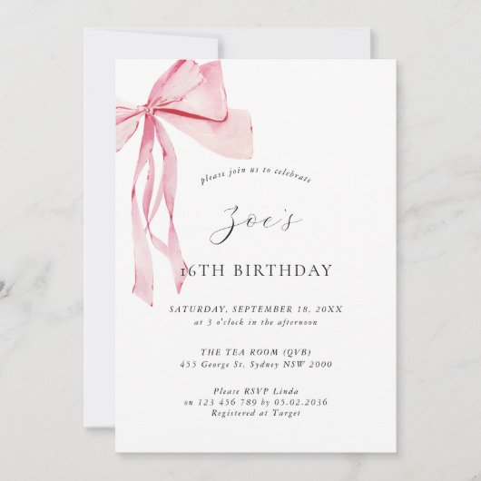 おいしい水の色ピンクボウ16誕生日 招待状 (正面)