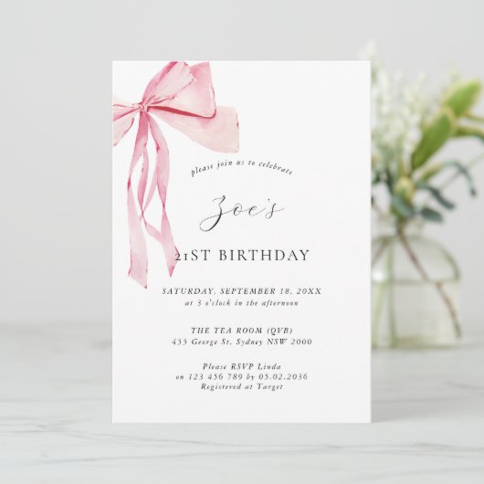 おいしい水色ピンクボウ21歳の誕生日 招待状 (スタンド正面)