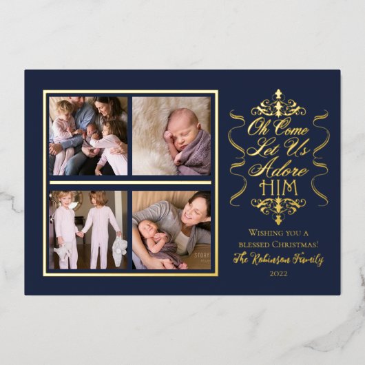 おいで、我らとともに彼を崇めよう 4 枚の写真のクリスマス 箔シーズンカード (正面)