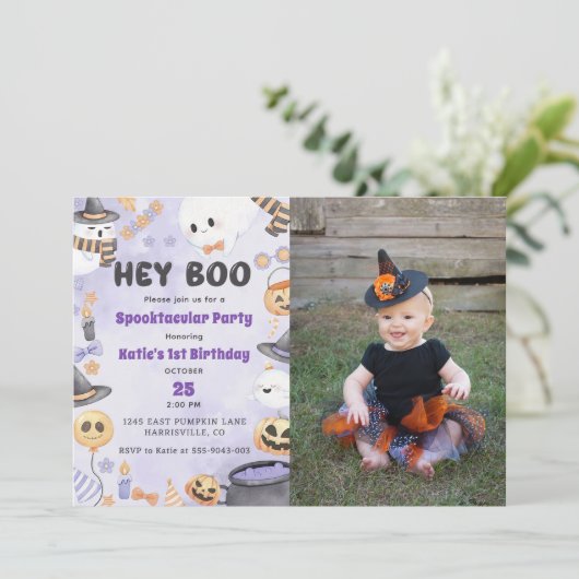 おいブー！ハローウィンパーティかわいい幽霊1歳の誕生日 招待状 (スタンド正面)