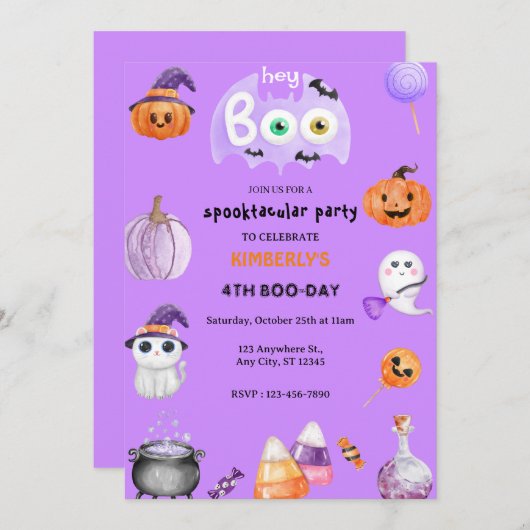 おいブー!パープルハロウィーン幽霊子供の誕生日 招待状 (正面/裏面)
