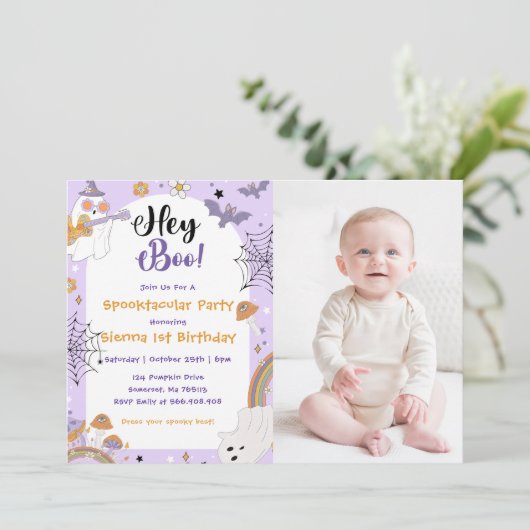 おいブー！不気味ハロウィンかわいい誕生日の写真 招待状 (スタンド正面)