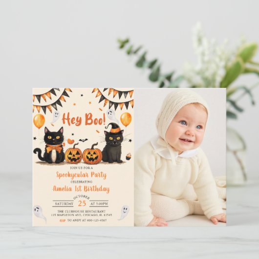 おいブー！黒猫ハロウィーン誕生日パーティー写真 招待状 (スタンド正面)