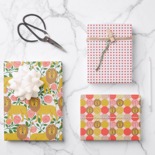 おいライオン！ライオン、水玉模様、明るい色 ラッピングペーパーシート (正面)