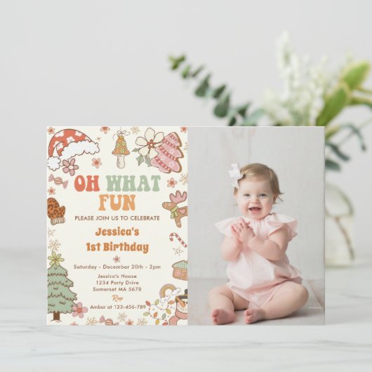 おおおもしろい!クリスマスクッキー1st誕生日の写真 招待状 (スタンド正面)