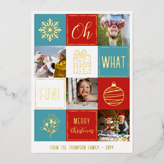 おおおもしろい!クリスマスコラージュのスナップショット金ゴールド 箔シーズンカード (正面)