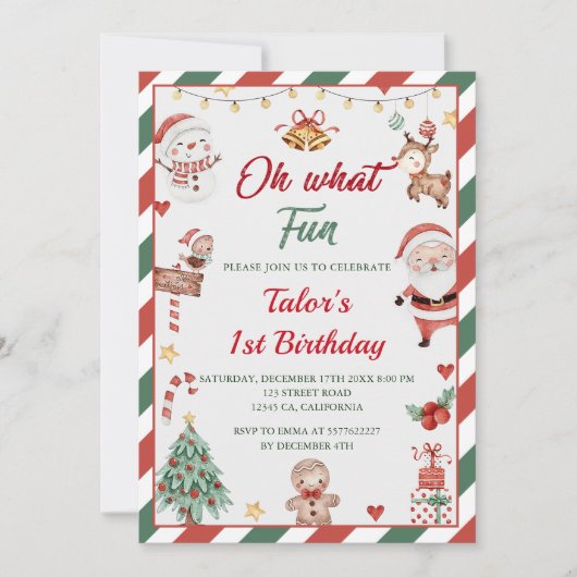 おおおもしろい!クリスマスサンタ1歳の誕生日 招待状 (正面)